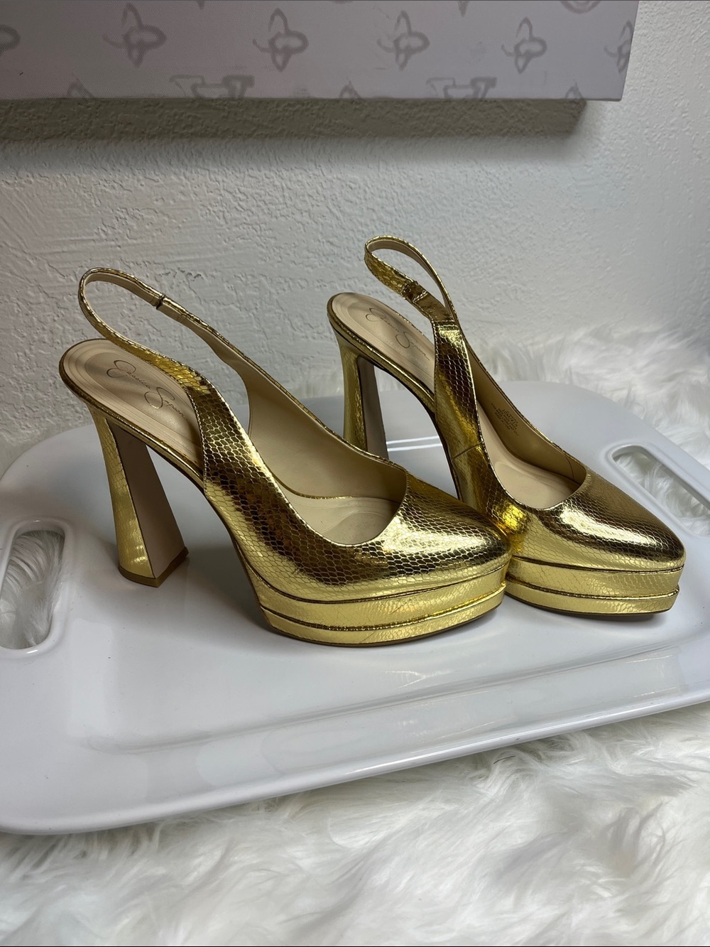 Jessica Simpson Metallic Gold Platform Slingback Heels